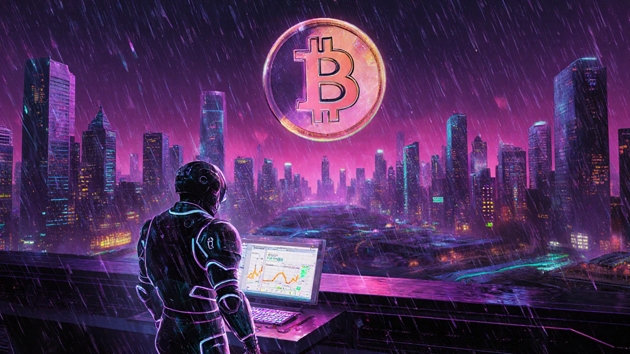 Futuristic 2140 scene with neon Bitcoin symbol and miner watching fee market.