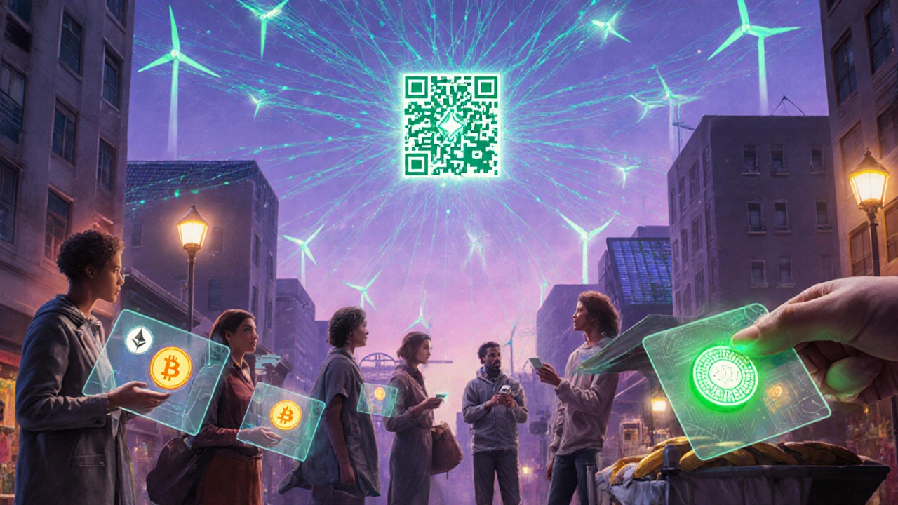 Futuristic market where people pay with crypto wallets and CBDCs under a blockchain sky.