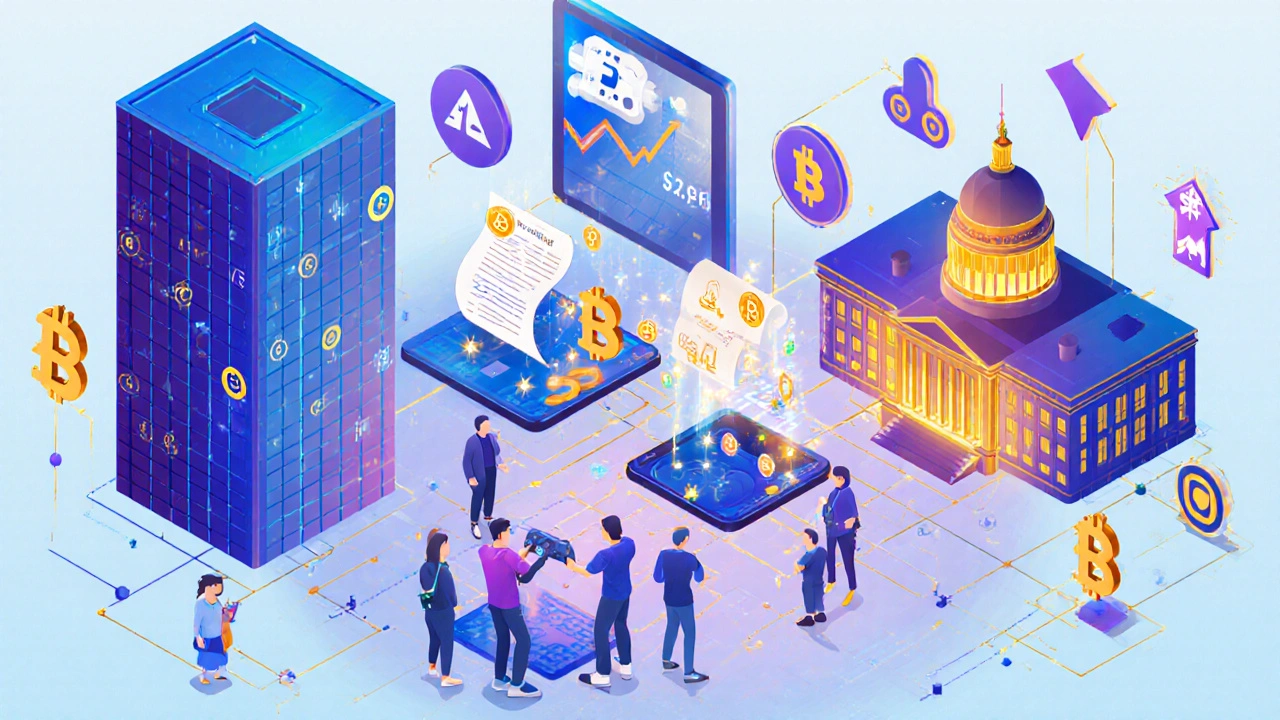 Isometric scene of institutions, fintech apps, and regulators driving crypto adoption.