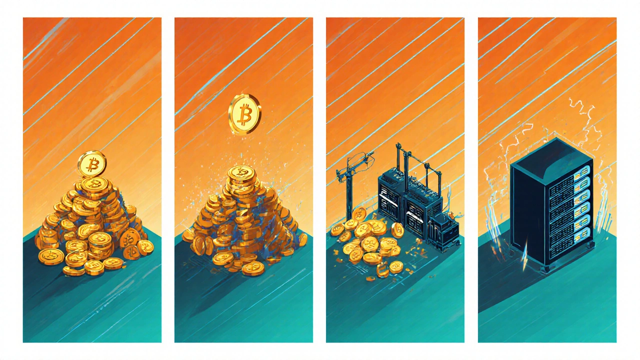 Isometric view of shrinking Bitcoin piles and mining farms across halving events.