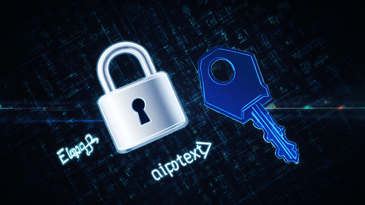 Luminous public and private keys hovering over abstract math symbols.