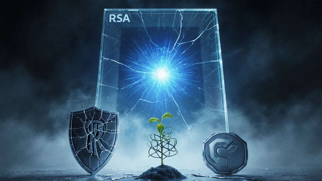 Quantum computer looming over RSA shield, new lattice key emerging.