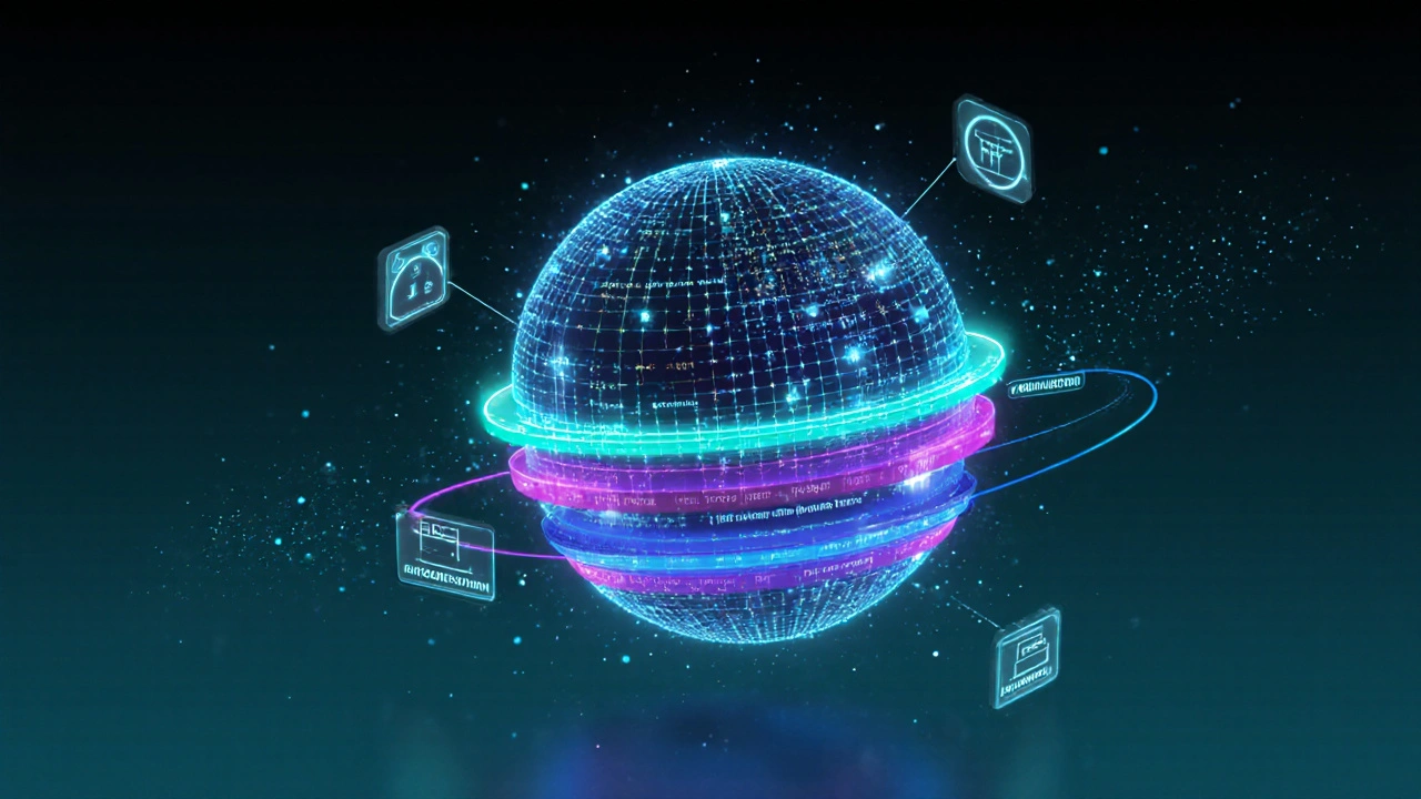 3D glowing data sphere visualizing a unified customer profile with layered information.