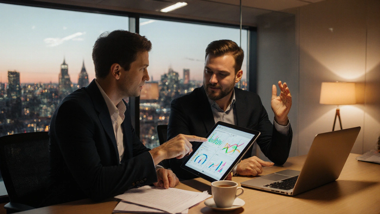 Business owner and insurance broker discussing a policy over a table with documents in a modern office.