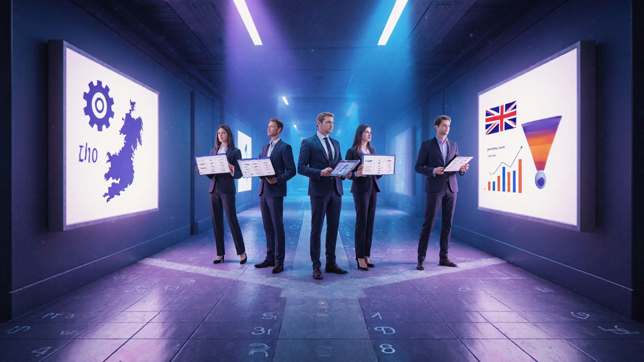 Business team at a futuristic crossroads choosing between Zoho and HubSpot signs.