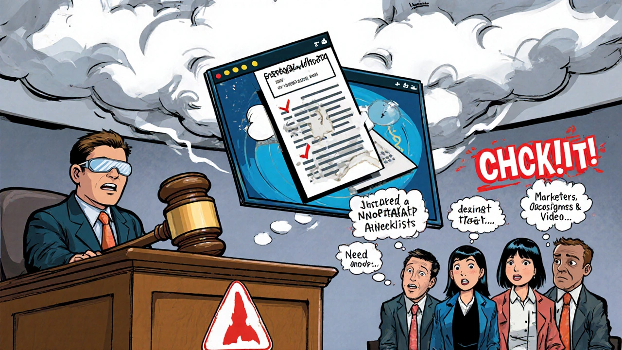 Comic book style courtroom scene with a blind plaintiff and corporate team overwhelmed by accessibility failures.