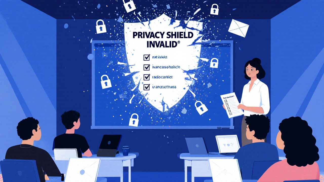 Diverse students in a classroom with crumbling Privacy Shield and data streams above, teacher holding compliance checklist.