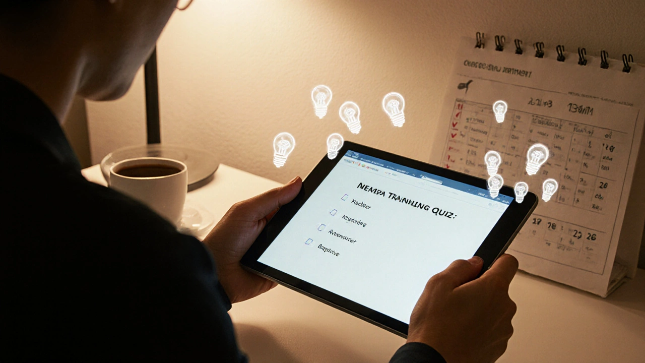 Employee taking a follow-up quiz on a tablet with memory icons fading nearby.