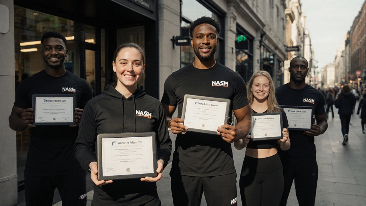 Fitness professionals holding digital NASM certificates outside a UK gym.