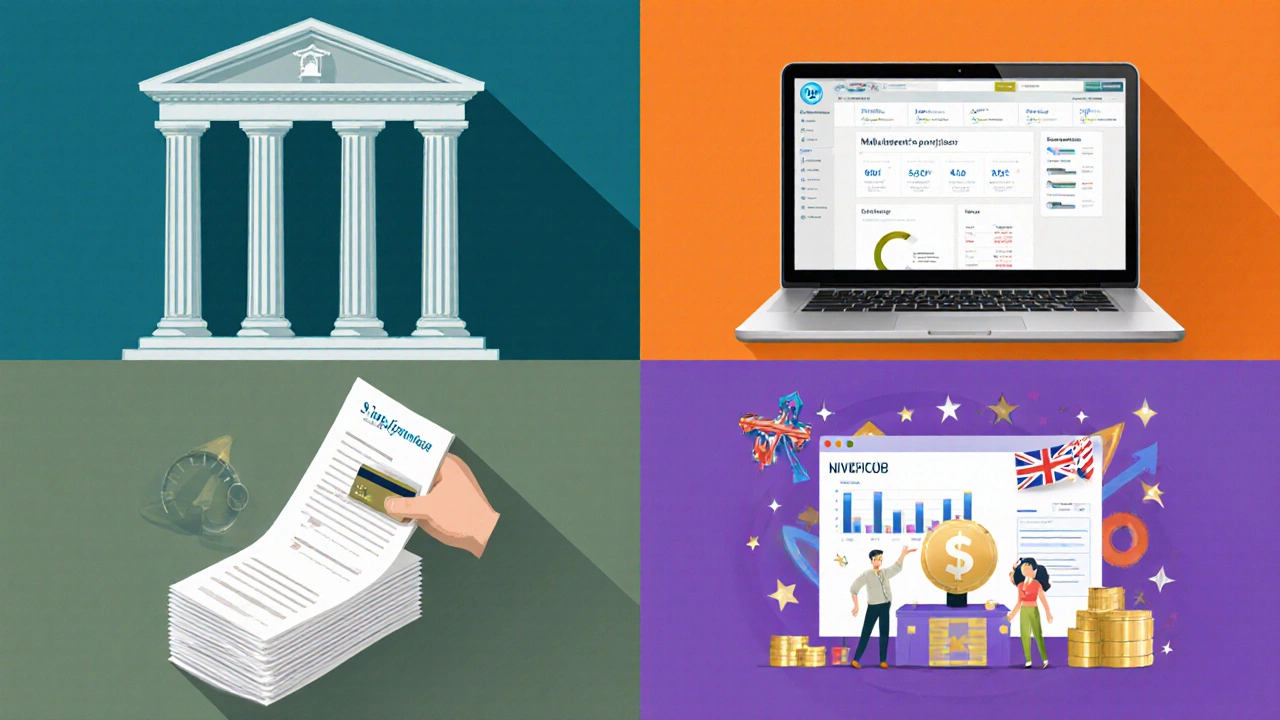 Four‑panel illustration of bank loan, online lender, invoice financing, and crowdfunding for SMEs.