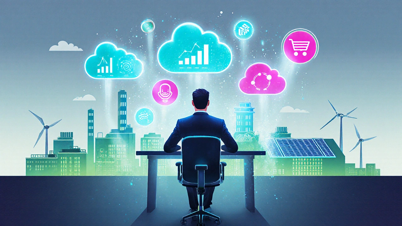 Futuristic scene of an SME owner using digital tools surrounded by green factories and renewable energy.