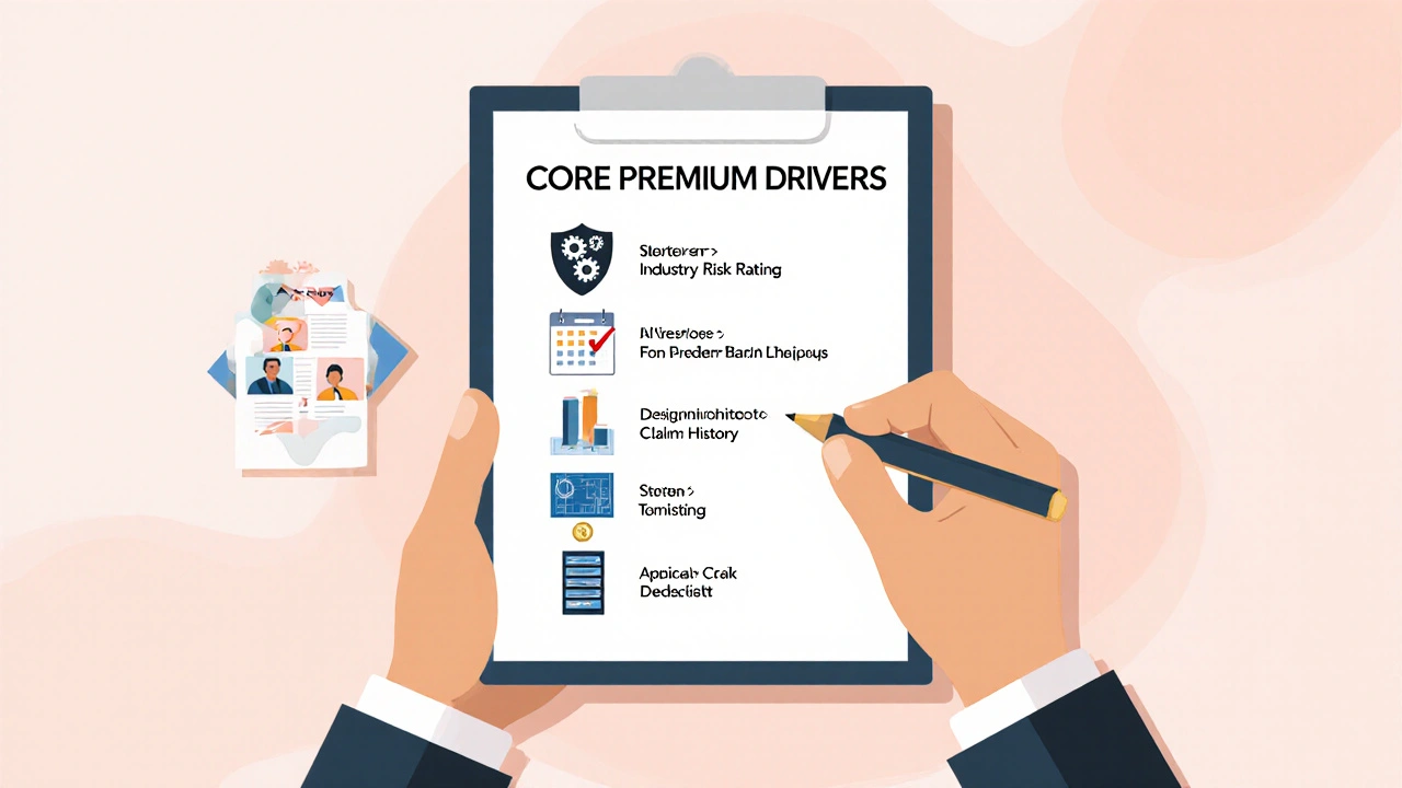 Hand‑held checklist with icons representing industry risk, policy limit, claims history, turnover, and deductible.