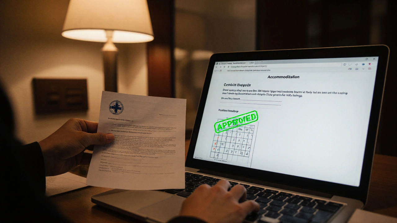 Hand submitting medical accommodation request for online course with approved status displayed on screen.