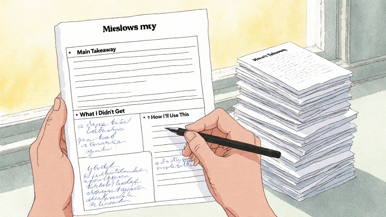 Hand writing in a simple learning template with completed worksheets stacking up toward a window.