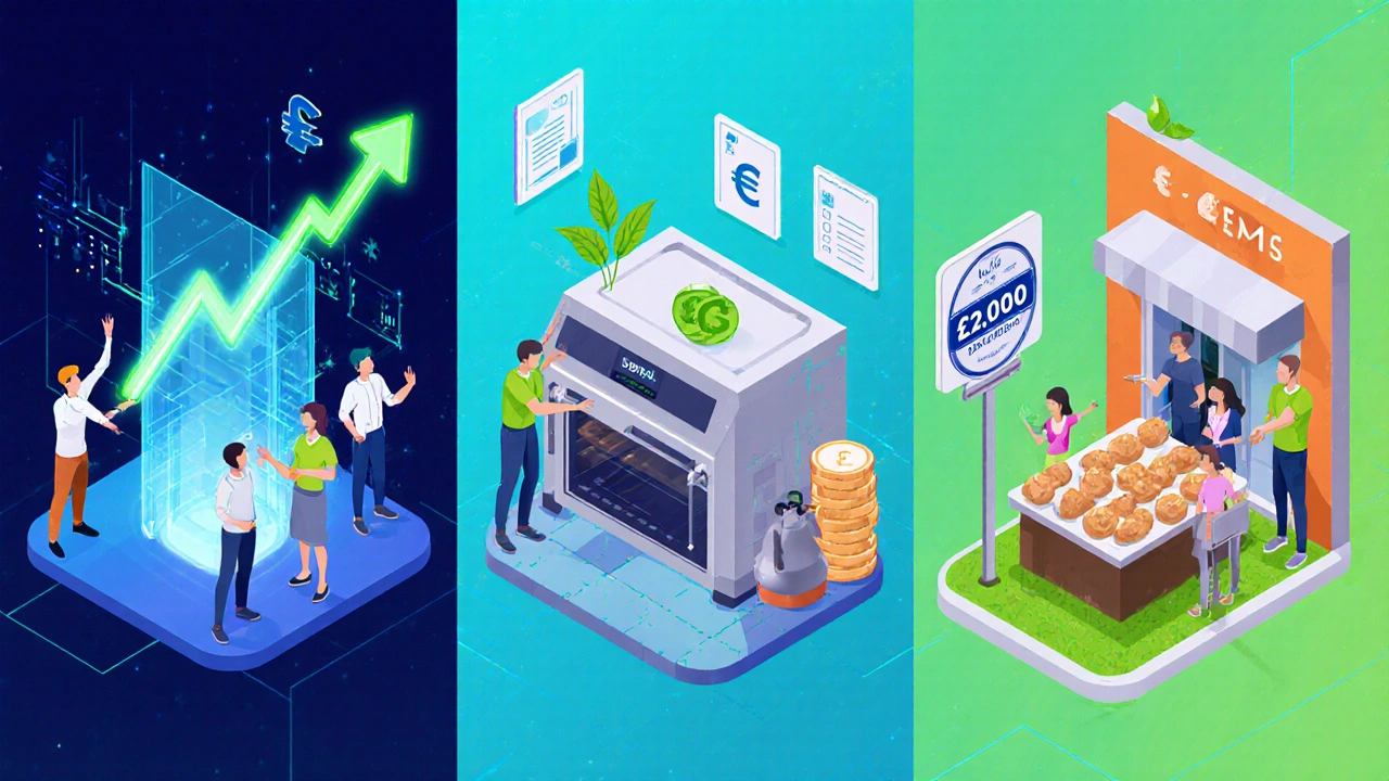 Isometric digital art showing three SMEs thriving with a rising graph, eco‑oven, and grant badge.