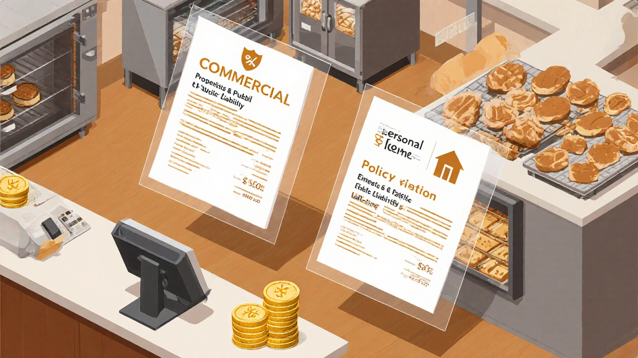 Isometric illustration of a Manchester bakery with commercial and personal insurance policy icons and cost symbols.