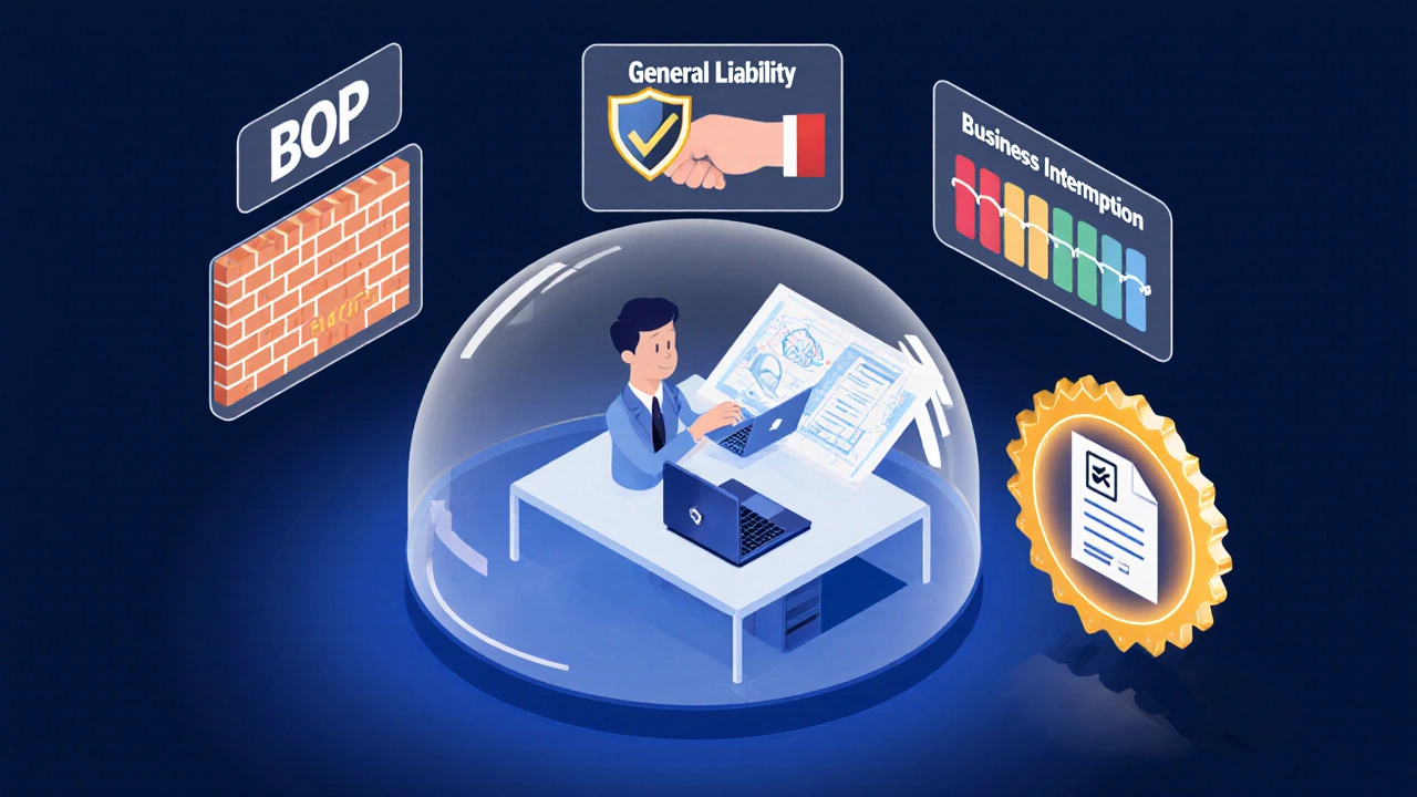Isometric scene showing BOP icons plus a separate professional liability endorsement badge.
