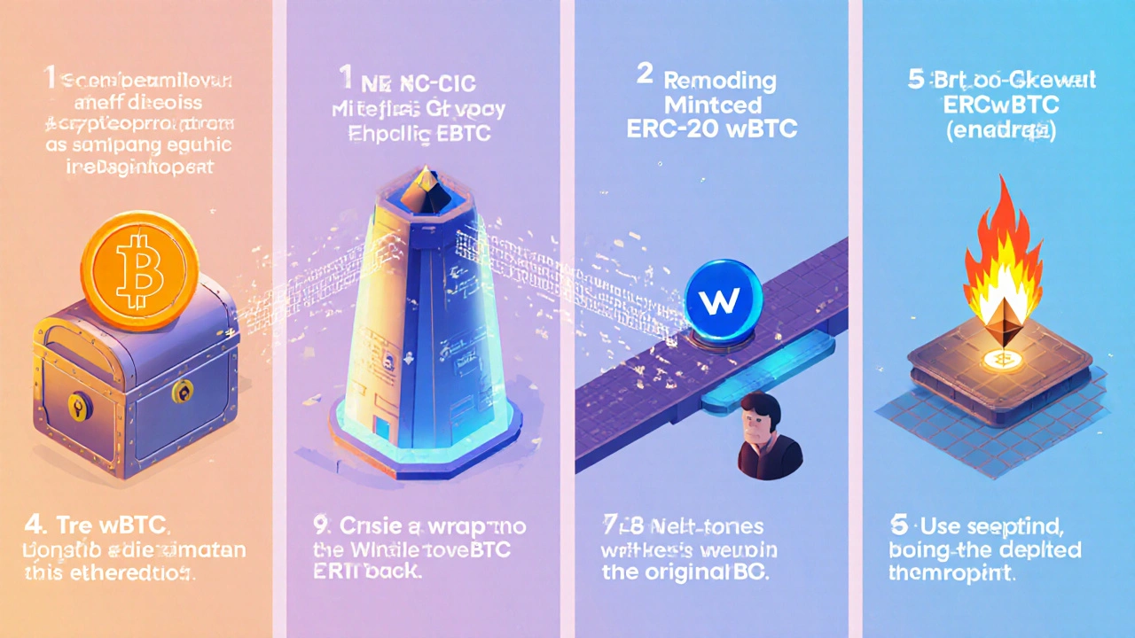 Isometric storyboard showing five steps: deposit Bitcoin, generate proof, mint wBTC, receive token, unwrap.