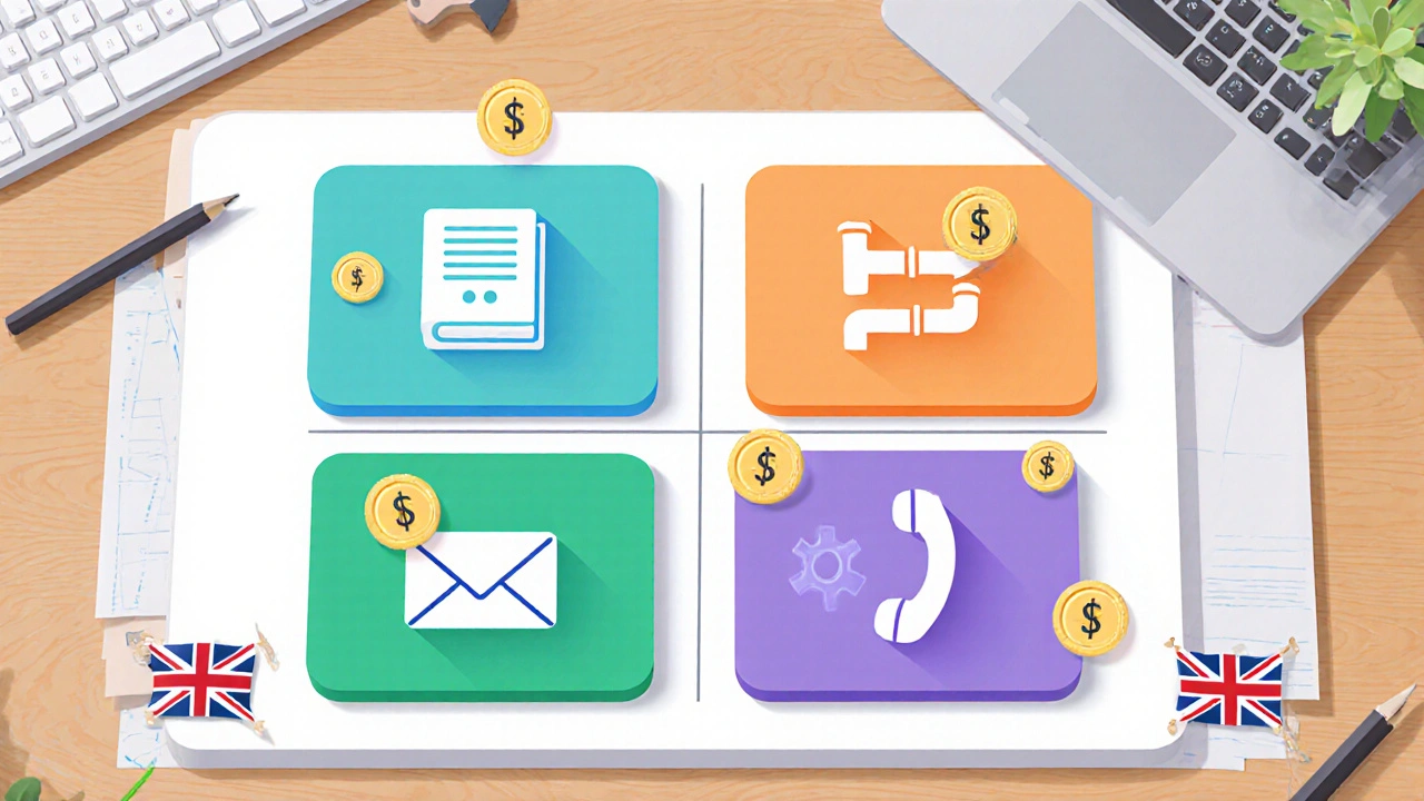 Isometric view of five colour‑coded CRM cards with icons and floating price coins on a table.