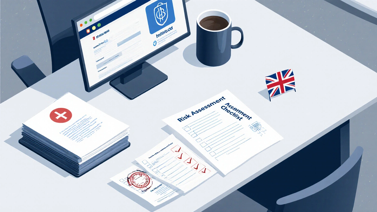 Office desk with claim documents, medical report, and risk‑assessment checklist.