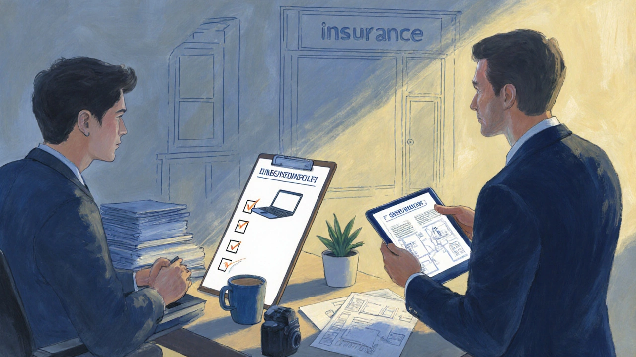 Painterly scene of a freelancer and broker reviewing an insurance checklist amid home office items.