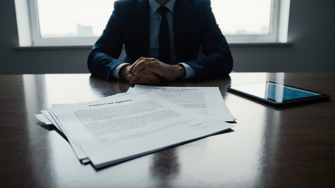 Photorealistic office with an SME owner reviewing loan, invoice financing, grant documents, and a fintech app.