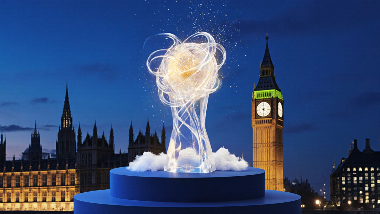 Podium with a glowing crystal trophy against a London skyline, representing the top CRM.