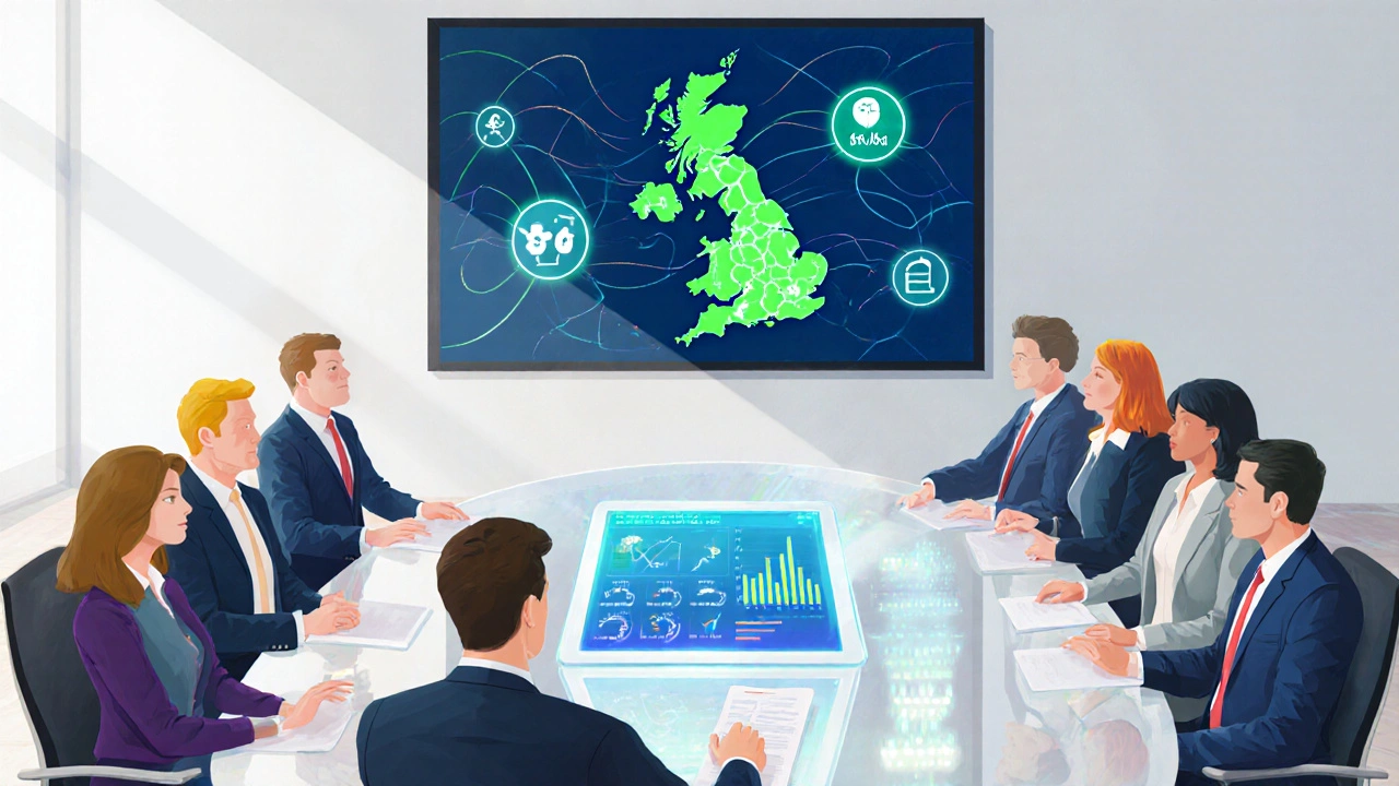 Round‑table meeting with policymakers viewing a digital dashboard on a tablet.