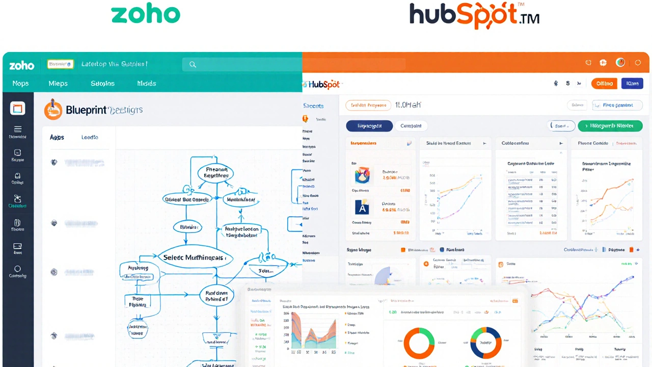 Side‑by‑side illustration of Zoho’s complex pipeline vs HubSpot’s streamlined dashboard.