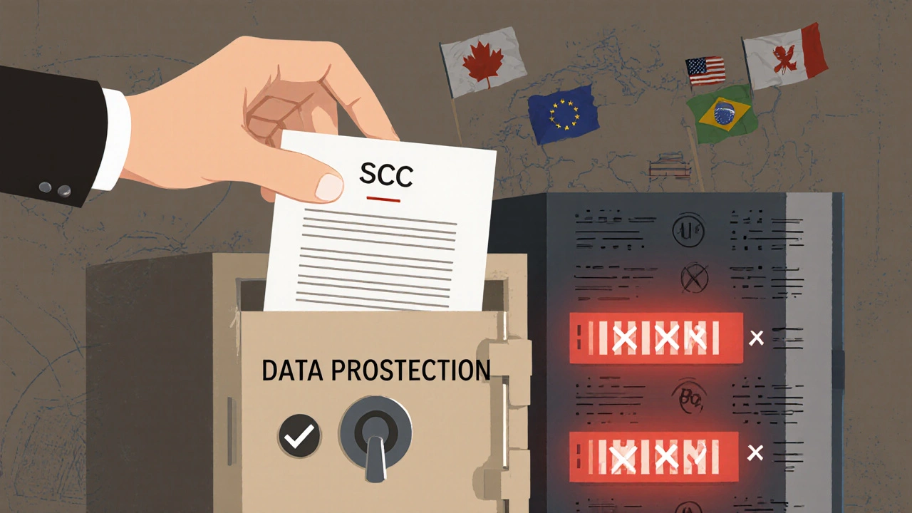 Signed SCC document placed in a secure vault while U.S. server glows red, global compliance mural on wall.