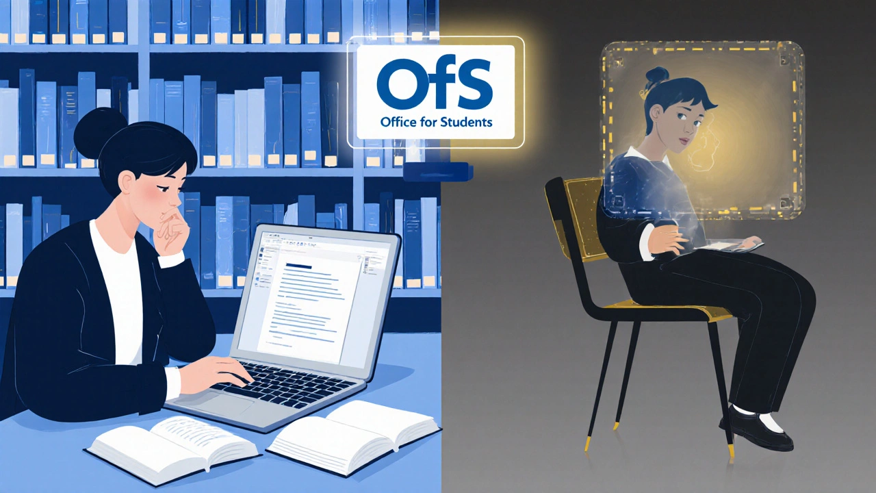 Split image of engaged student in library versus empty chair with holographic avatar, symbolizing participation contrast.