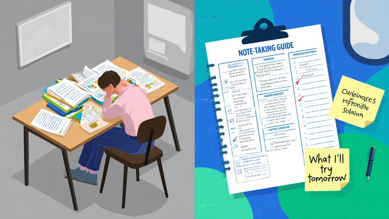 Split scene showing passive learning on one side and active note-taking with a structured guide on the other.