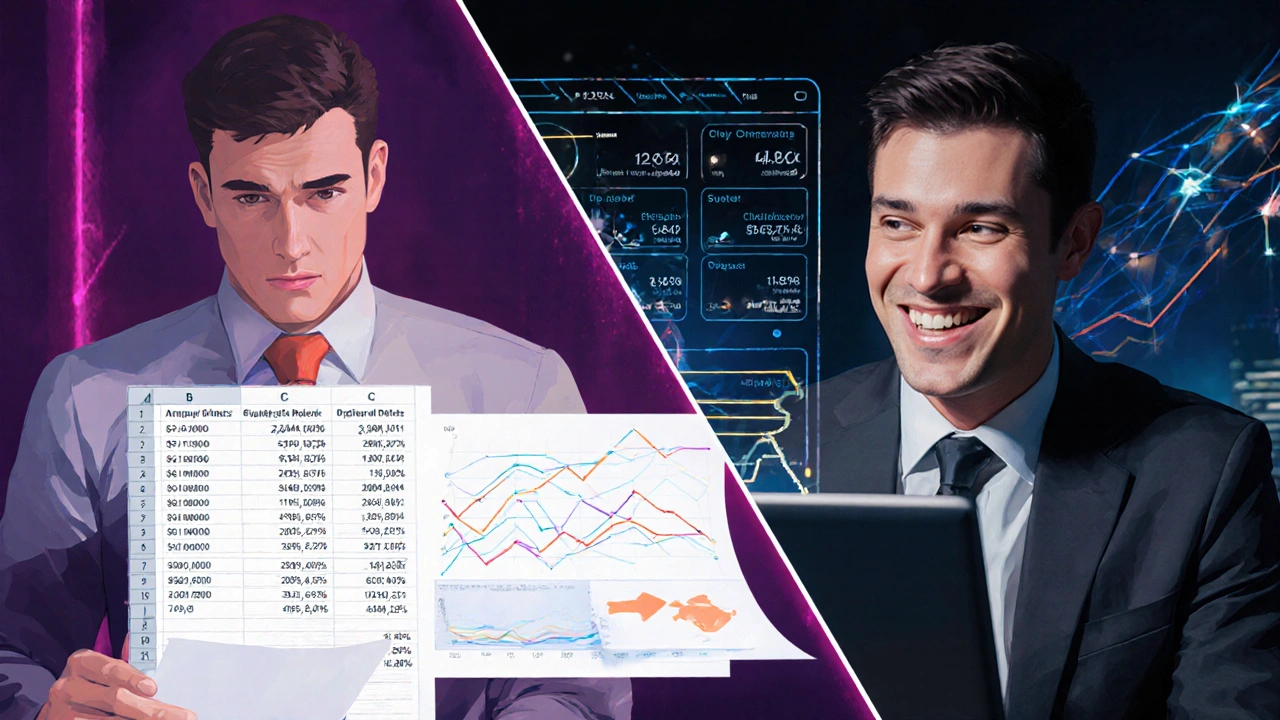 Split-screen: frustrated manager vs. satisfied manager with improved business metrics.