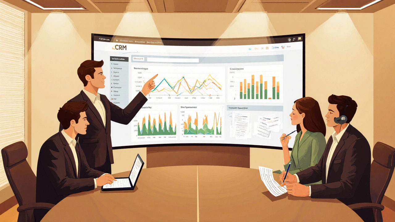 Team gathered around a screen reviewing a shared CRM dashboard and discussing tasks.