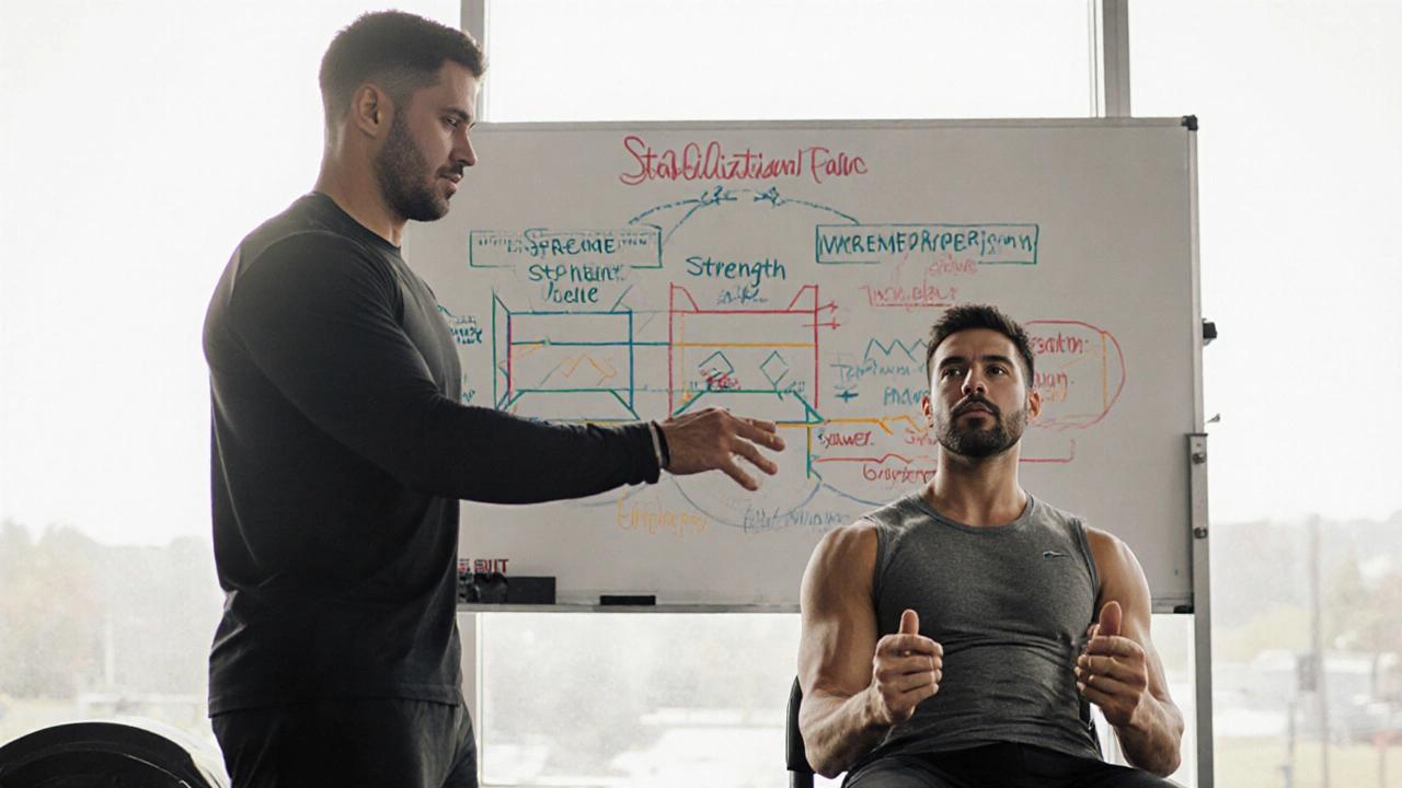 Trainer demonstrating OPT Model stabilization exercise with client in a gym setting.