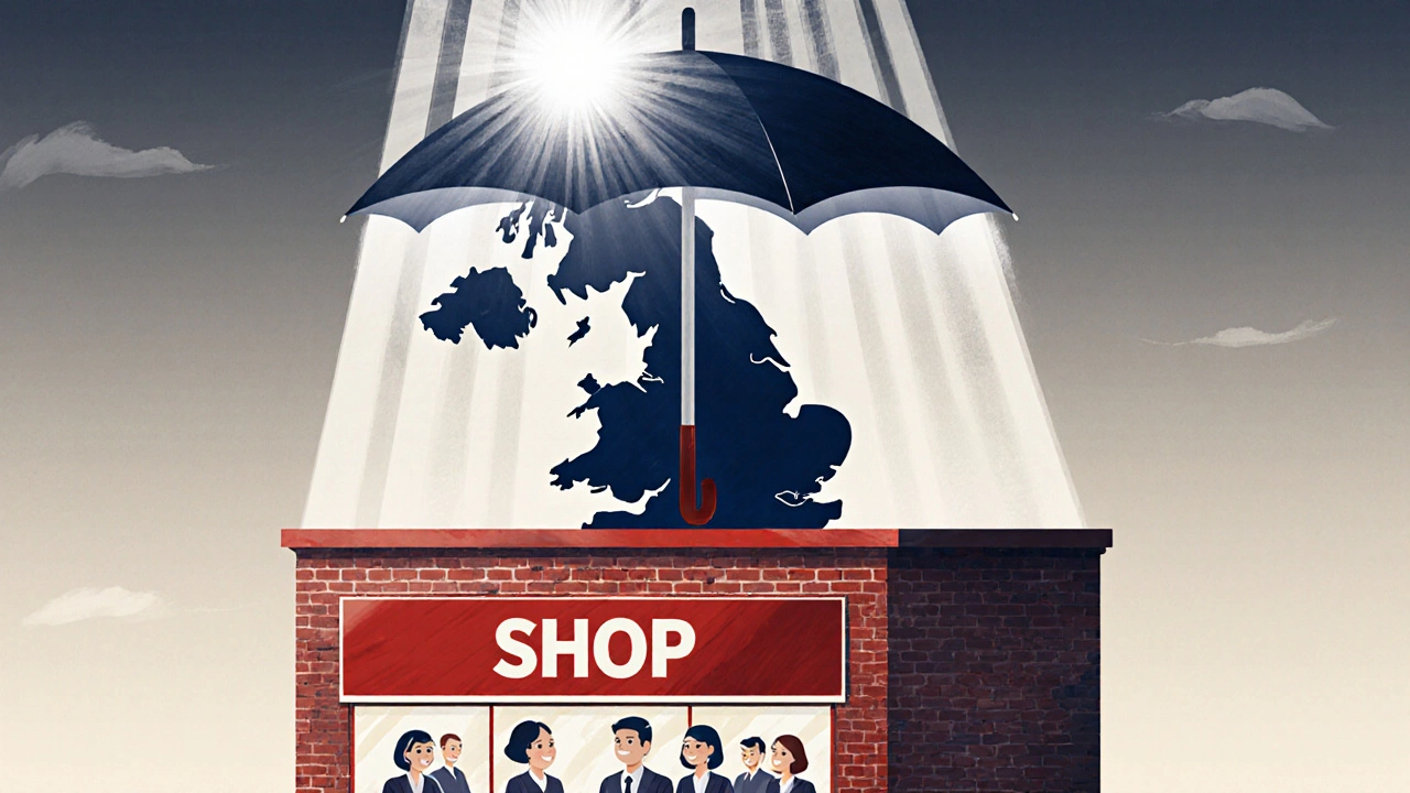 UK‑shaped umbrella shielding a small business building.