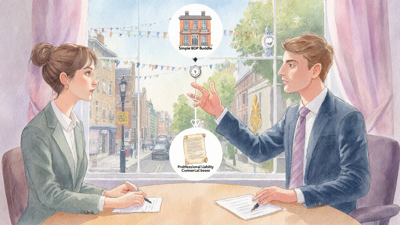 Watercolor of a broker and client reviewing three insurance options: BOP, professional liability, commercial package.