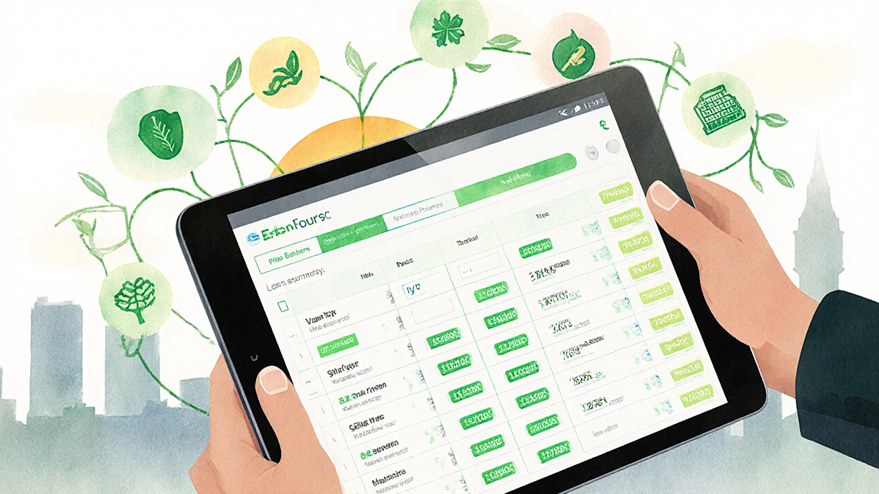 Woman holding a tablet showing the Green SME Finance Tracker with eco icons.