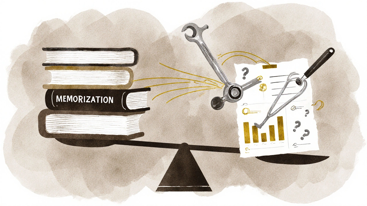 A balance scale contrasting textbooks with real job tools, symbolizing valid certification design.