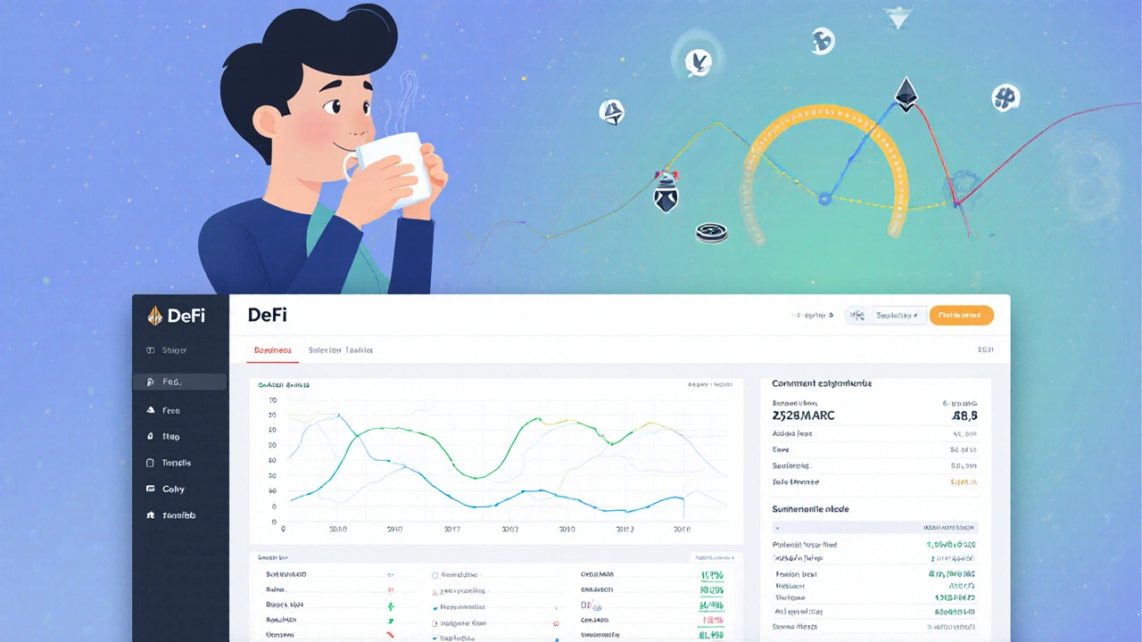 A calm user monitoring a DeFi dashboard showing reduced loss and high fees, with stable token prices oscillating in a controlled range.