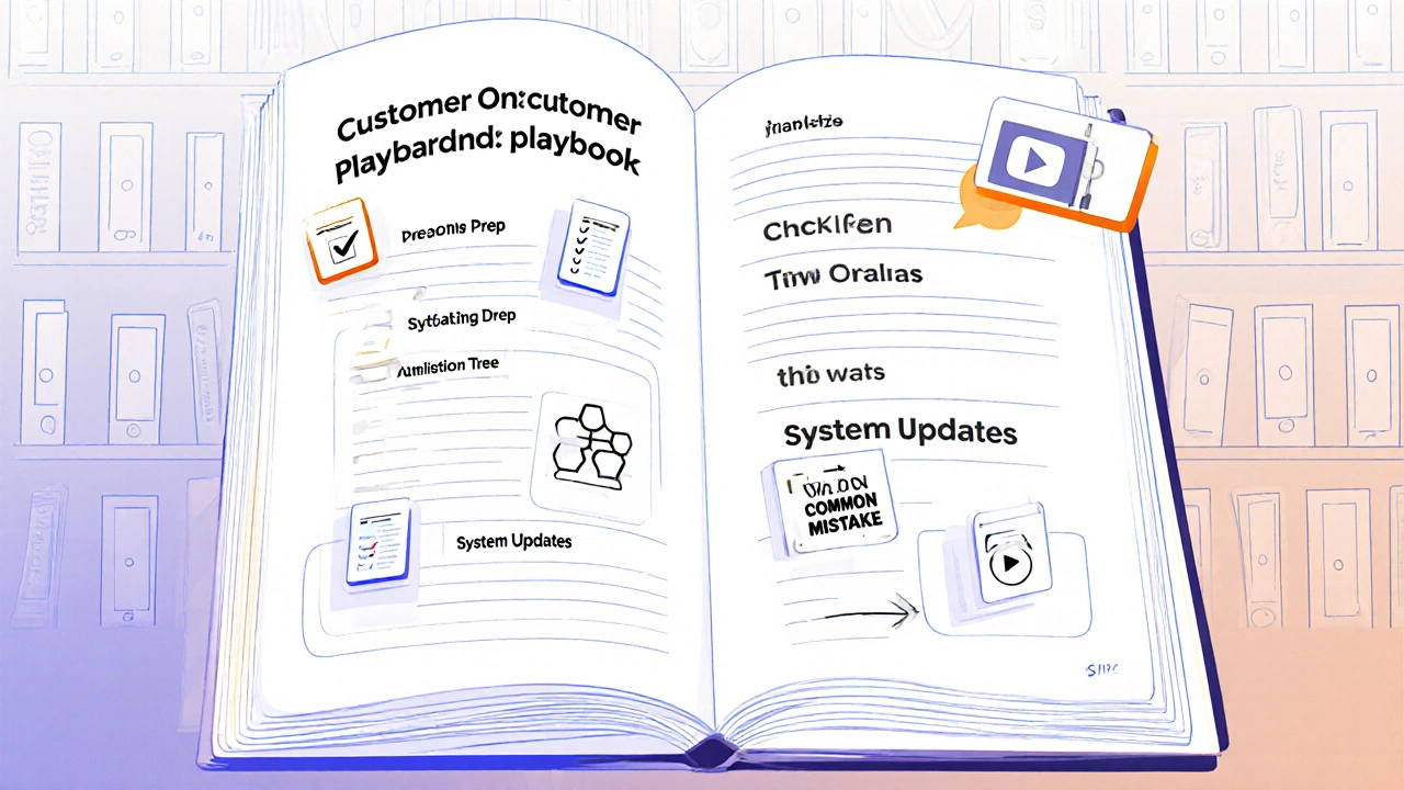 A cookbook labeled &#039;Customer Onboarding Playbook&#039; with icons for checklists, videos, and decision trees.