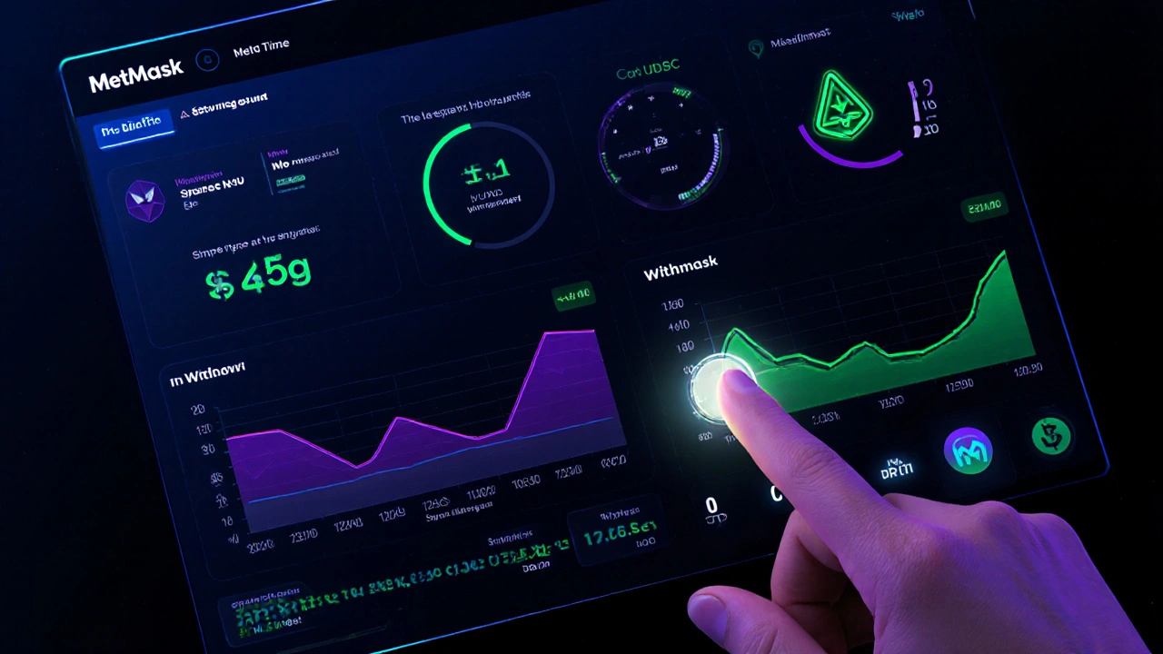 A DeFi dashboard showing trading volume, rewards, and impermanent loss warnings with a wallet icon.