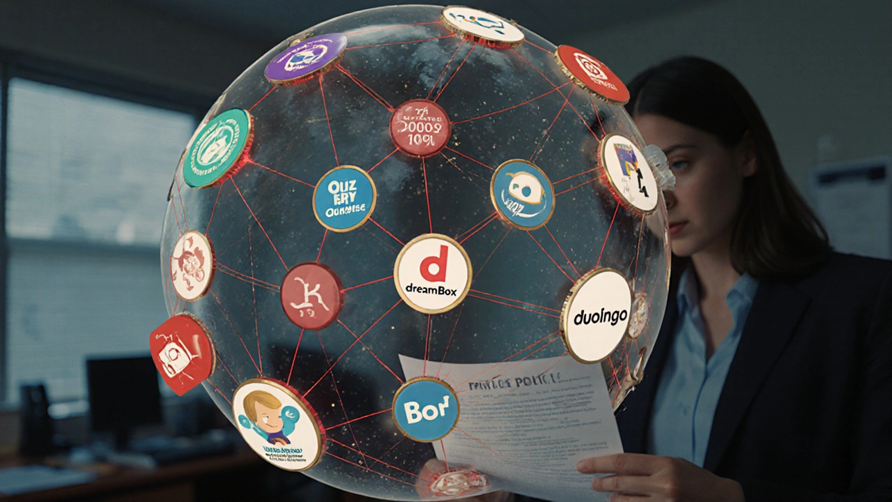 A digital globe connected by data threads to ed-tech company logos above a school office.