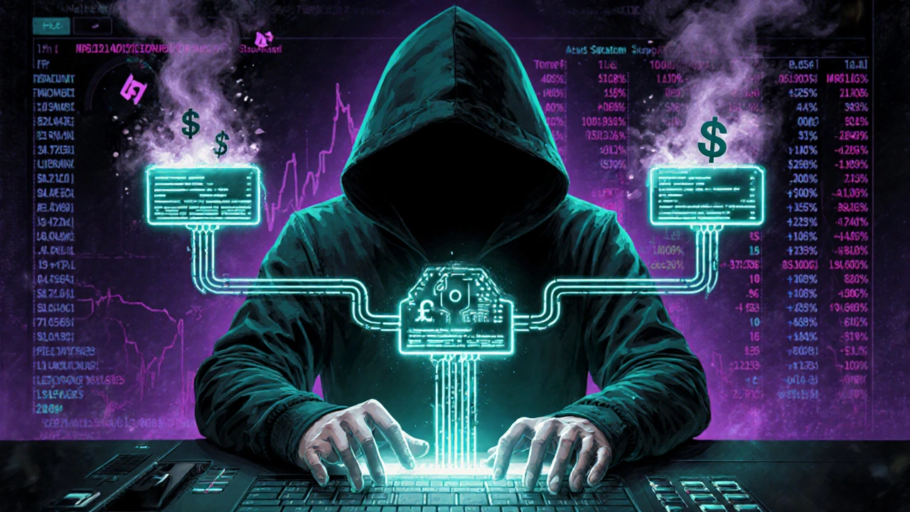 A hacker exploiting a single line of code that triggers cascading failures across interconnected DeFi protocols.