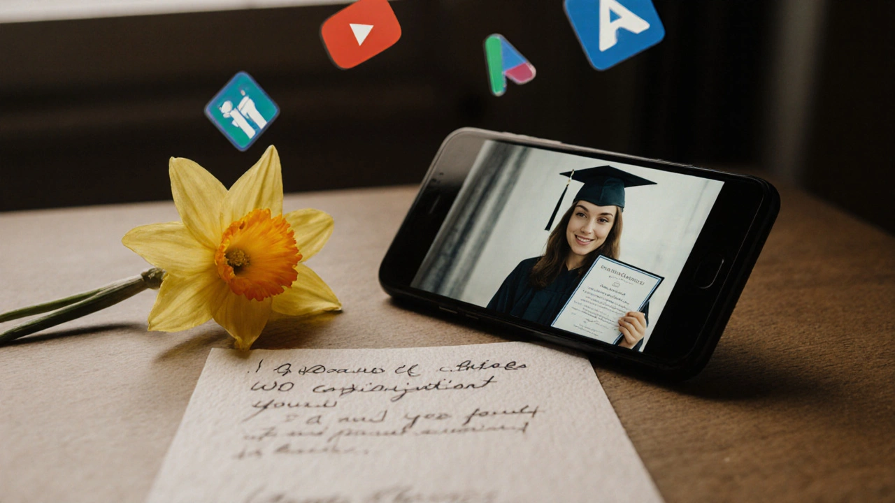 A handwritten note and phone showing a tearful graduate’s testimonial, with a daffodil beside them.