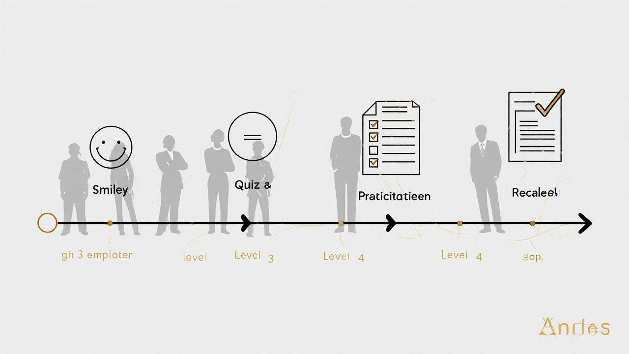 A horizontal timeline showing progression from reaction to results in the Kirkpatrick Model with icons and silhouettes.