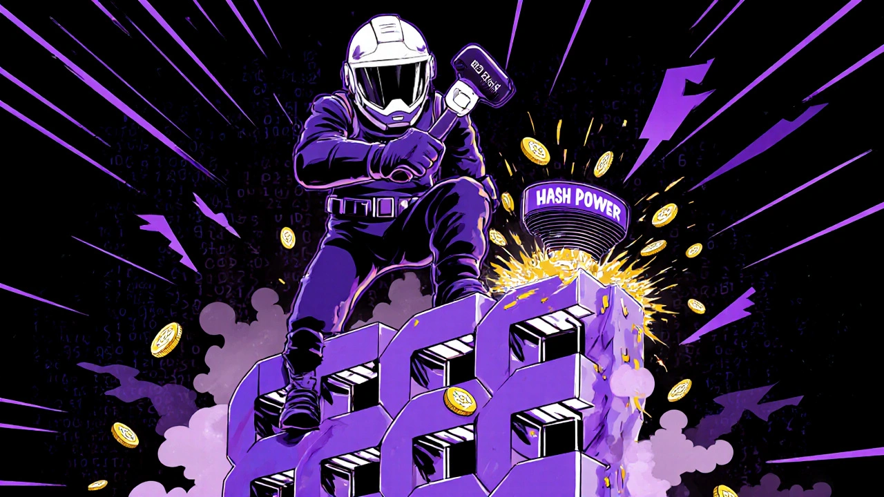 A miner smashing a smaller blockchain chain with a hash power sledgehammer in comic book style.