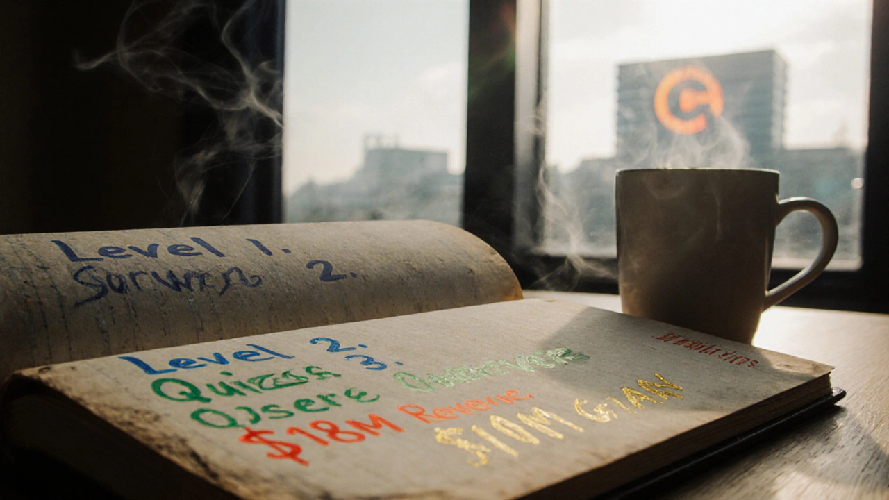 A notebook with handwritten Kirkpatrick Model levels and a gold note about revenue gain on a desk.