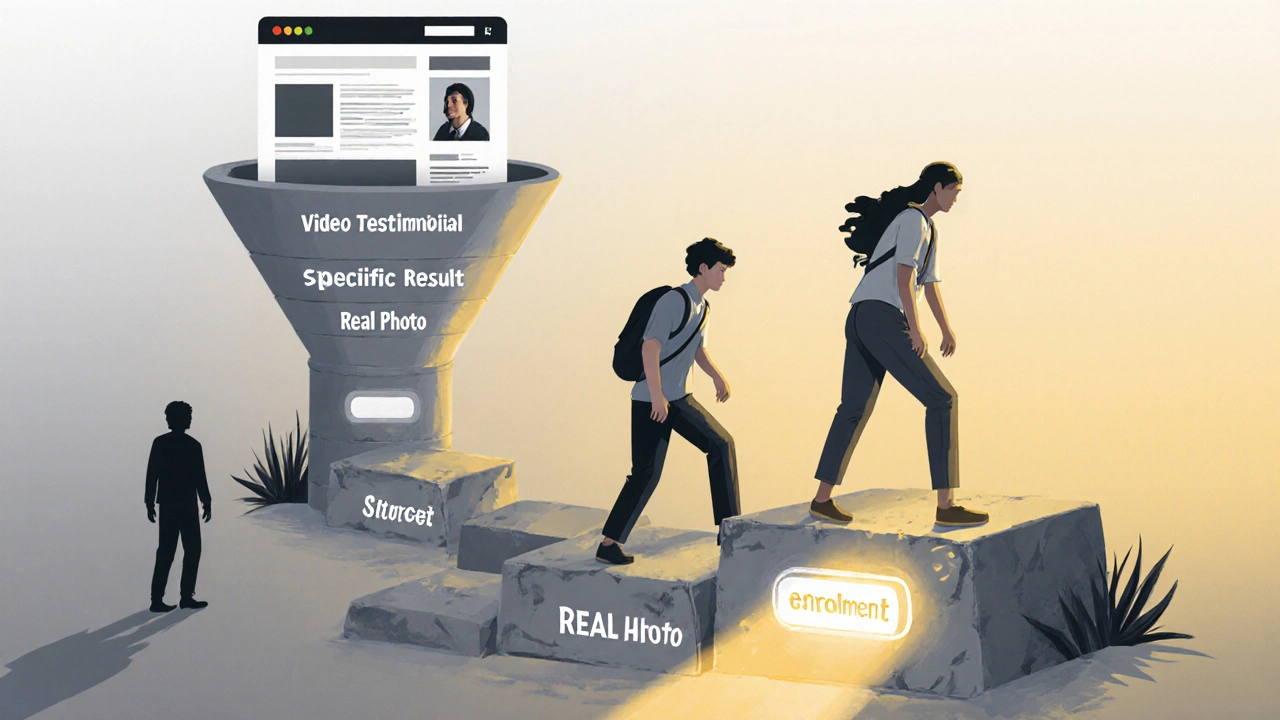 A path of stepping stones leads from hesitation to enrollment, featuring real students with their success stories.