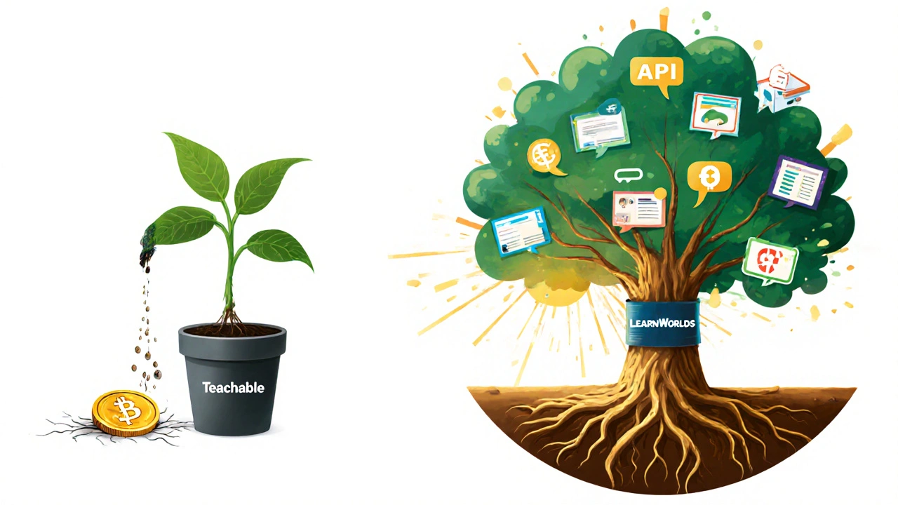A small dying plant vs. a thriving tree symbolizing Teachable and LearnWorlds growth paths.